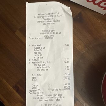 Chick-fil-A - Receipt - Fast Food Near Me - Pasadena, California Chick-fil-A - Receipt - Fast Food Near Me - Pasadena, California