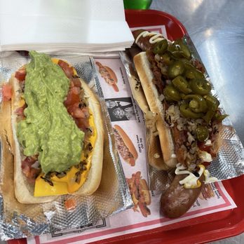 Pink's Hot Dogs - Ozzy Spicy Dog (left) and El Cucuy Dog (right) - Hot Dogs Near Me - Los Angeles, California Pink's Hot Dogs - Ozzy Spicy Dog (left) and El Cucuy Dog (right) - Hot Dogs Near Me - Los Angeles, California