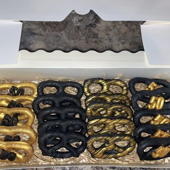 Sweet Land Delights - "50" gold and black chocolate covered pretzels - Desserts Near Me