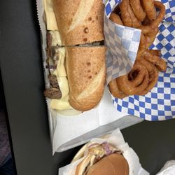 Burger Pop - Philly, large onion rings and BBQ chicken burger