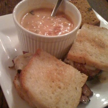 Café Muse - Tomato Coconut Soup (to die for) & St. Patty's Day Corned Beef & Cabbage Sandwhich with a slice of pumpkin bread w/ dates - Breakfast & Brunch Near Me - Royal Oak, Michigan