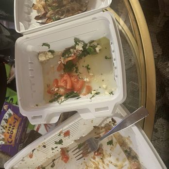 California Fish Grill - The aftermath. I had the giant grilled shrimp, brussels sprouts, and tomato feta salad. Everything was delicious. - Seafood Near Me - Walnut Creek, California