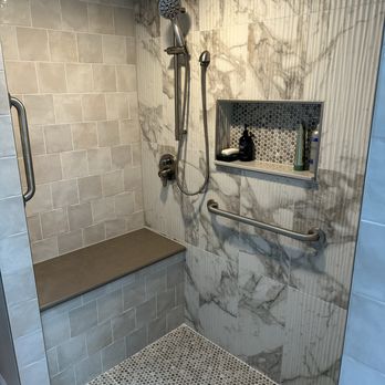 Click Construction and Remodeling - A zero line entry to shower. Great for seniors who have difficulty raising their legs. - General Contractors Near Me - Ashburn, Virginia Click Construction and Remodeling - A zero line entry to shower. Great for seniors who have difficulty raising their legs. - General Contractors Near Me - Ashburn, Virginia