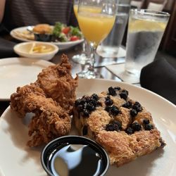 Friends Grille and Bar - French toast casserole, Side of Fried chicken and Friends mimosa
