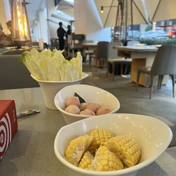 Haidilao Hot Pot - Corn, salted egg yolk shrimp ball, Napa cabbage - Hot Pot Near Me - Cupertino, California