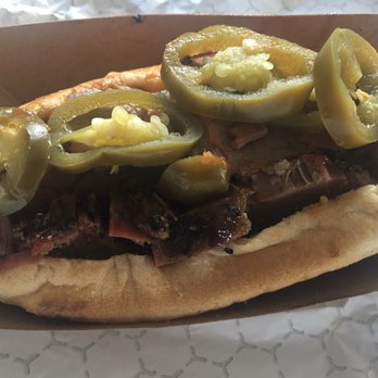 Caldwell County Mexi-Q - Brisket Dawg with bbq sauce and jalapeños - Barbeque Near Me - Gilbert, Arizona