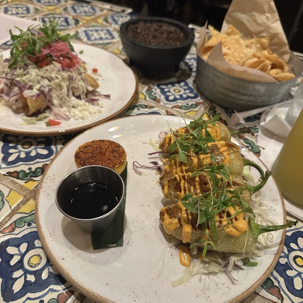 Chicken flautas and chili gueros, chips and salsa.