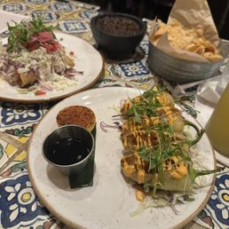 Chicken flautas and chili gueros, chips and salsa. Chicken flautas and chili gueros, chips and salsa.