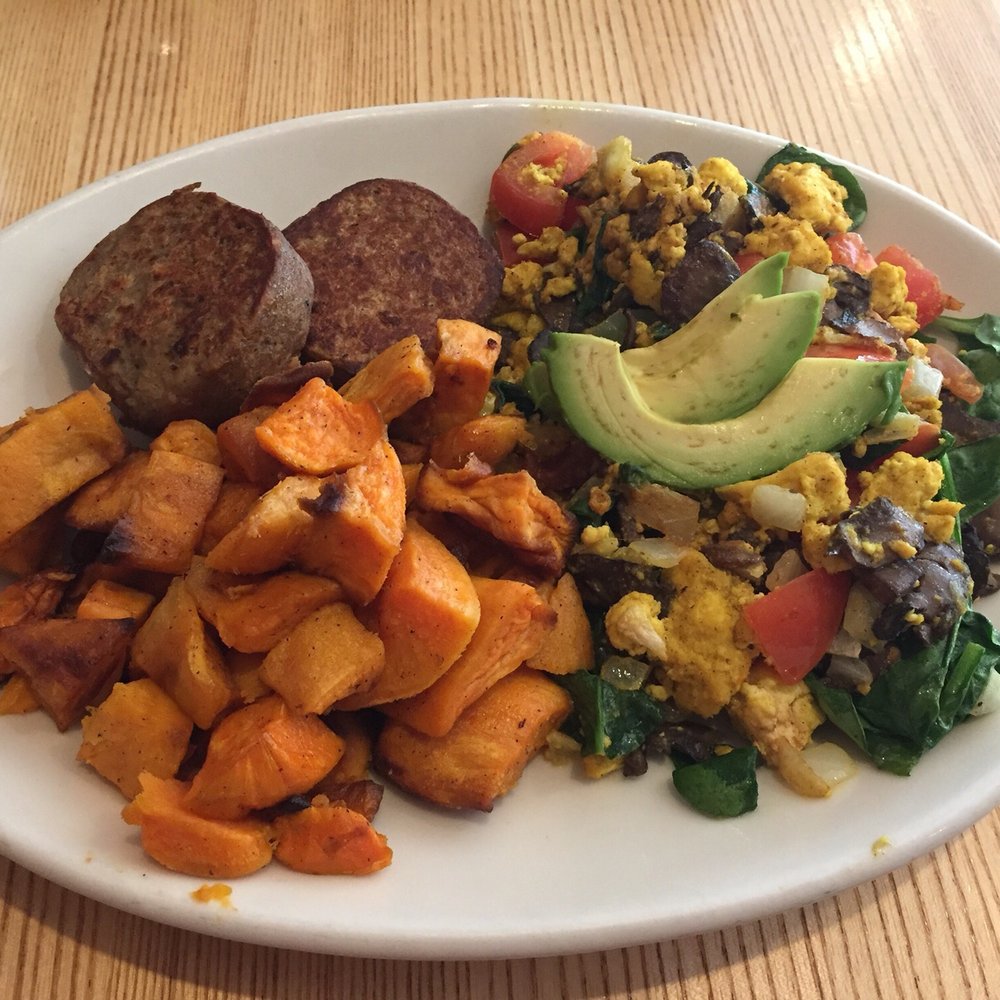 Sleepy Bee Cafe - Blue Ash - Avi scramble with sweet potatoes and soy sausages - all vegan - Breakfast & Brunch Near Me - Blue Ash, Ohio