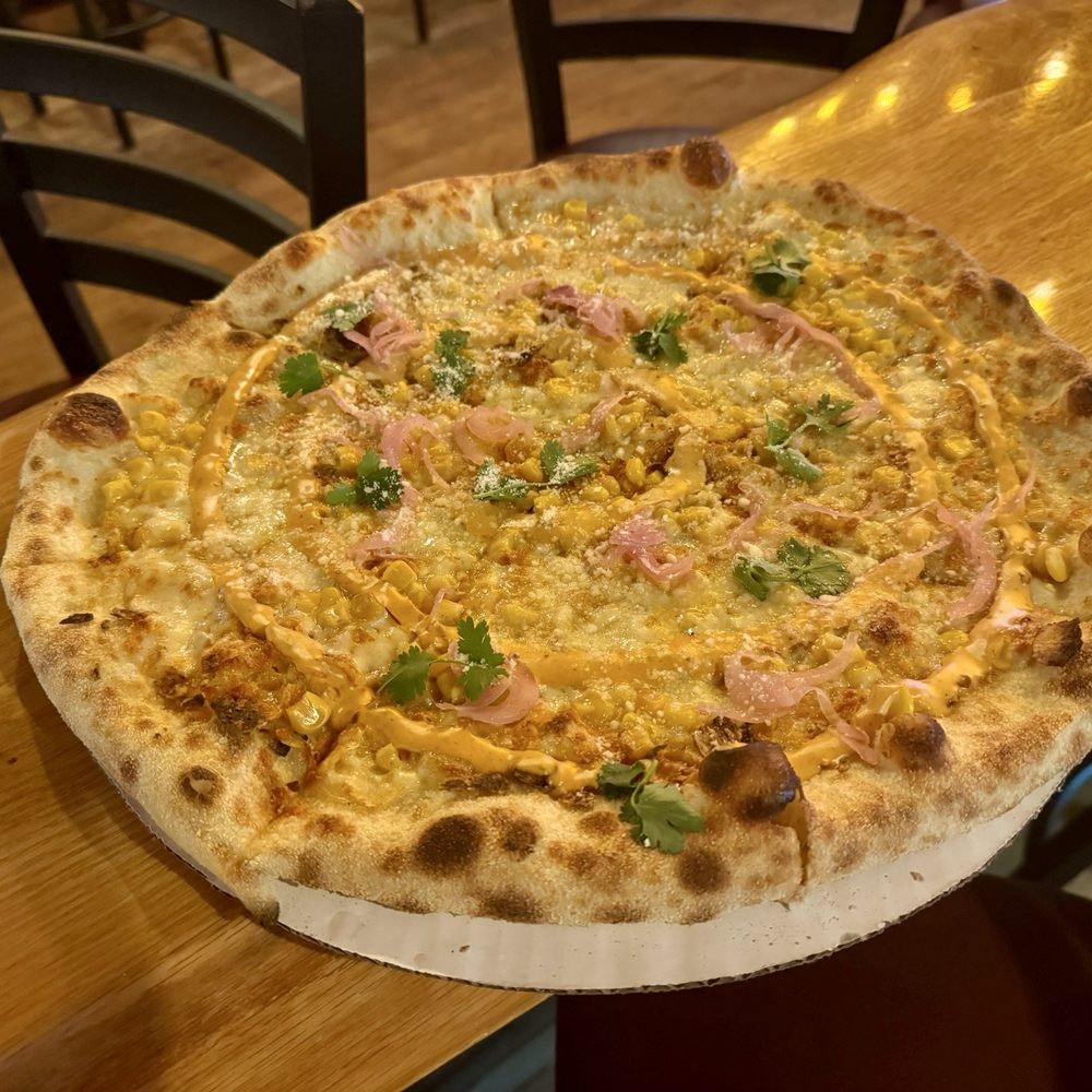 Ritual Pizza - "Street Korn Pie" (shredded mozz, braised chicken, chunky bacon, ranch drizzle) - Pizza Near Me - Cheshire, Connecticut Ritual Pizza - "Street Korn Pie" (shredded mozz, braised chicken, chunky bacon, ranch drizzle) - Pizza Near Me - Cheshire, Connecticut