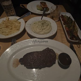 Harper's - NY strip, Cheddar mac, Heirloom Carrots, Mashed potato's and Salmon - Steakhouses Near Me - Nashville, Tennessee Harper's - NY strip, Cheddar mac, Heirloom Carrots, Mashed potato's and Salmon - Steakhouses Near Me - Nashville, Tennessee