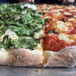 ElMar's New York Pizza - (L) white pie with spinach, (R) Margherita