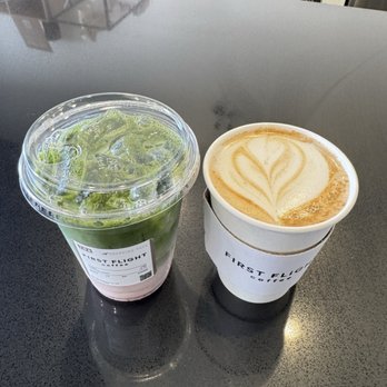 First Flight Coffee - Strawberry Matcha with Whole Milk and a Honey Cinnamon Latte with Oatmilk - Coffee & Tea Near Me - Torrance, California