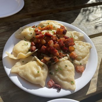 Baba's Pierogies - Special Boiled potato& goat cheese with bacon - Modern European Near Me - Brooklyn, New York Baba's Pierogies - Special Boiled potato& goat cheese with bacon - Modern European Near Me - Brooklyn, New York