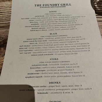 The Foundry Grill - Dinner menu - American Near Me - Sundance, Utah