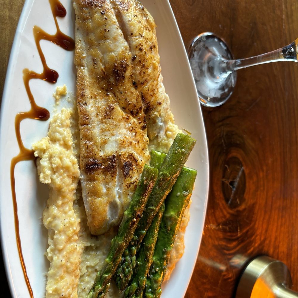 Noble Roots - Red snapper, cheddar grits with asparagus - Wine Bars Near Me - Pooler, Georgia Noble Roots - Red snapper, cheddar grits with asparagus - Wine Bars Near Me - Pooler, Georgia