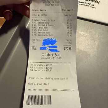 Ozen Sushi - Receipt for the entire order. (March 2026) - Sushi Bars Near Me - Norwalk, California