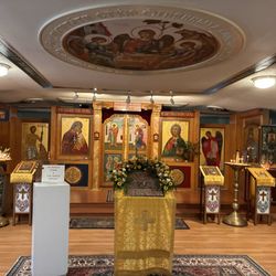 Joy of All Who Sorrow Russian Orthodox Church - Iconostasis and basically the entire front of the Nave with an icon of the trinity on the ceiling