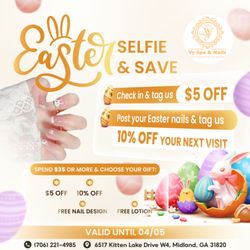 Vy's Spa & Nails - EASTER SELFIE & SAVE AT VYS SPA NAILS!
This Easter, we're making your visit even more rewarding! Here's how to save:
Selfie & Sa