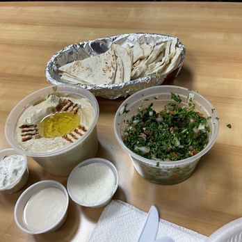 Pita Shawarma - We got hummus, tabouli, the lamb and chicken plate with rice and fattoush The dessert Ashta custard - Salad Near Me - Plano, Texas Pita Shawarma - We got hummus, tabouli, the lamb and chicken plate with rice and fattoush The dessert Ashta custard - Salad Near Me - Plano, Texas