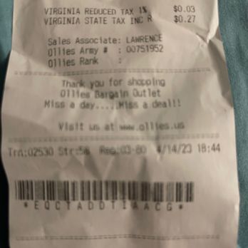 Ollie's Bargain Outlet - Part of receipt showing Lawrence as the cashier - Discount Store Near Me - Richmond, Virginia Ollie's Bargain Outlet - Part of receipt showing Lawrence as the cashier - Discount Store Near Me - Richmond, Virginia