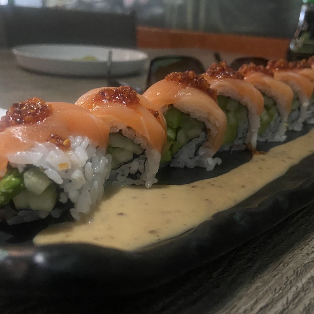 Sanyo Sushi - Salmon and Asparagus Roll the sauce on the top delicious - Sushi Bars Near Me - Glendora, California Sanyo Sushi - Salmon and Asparagus Roll the sauce on the top delicious - Sushi Bars Near Me - Glendora, California