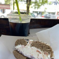 Goldberg’s - Whole Wheat Everything with lox spread and red onion plus an iced coffee