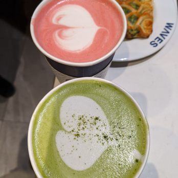 Waves Coffee House - Beet root Latte Matcha Latte with almond milk - Coffee & Tea Near Me - Burnaby, British Columbia