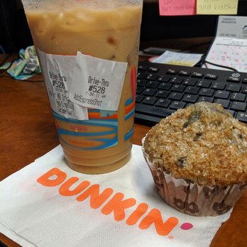 Dunkin' - Iced Caramel Coffee w/ Espresso shot and Blueberry Muffin - Donuts Near Me - Bonita Springs, Florida