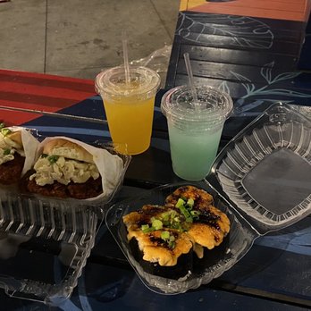 Shootz - 2 for 6 Spam Brulee Musubi Mango Tea Lemonade Peach Wave Chicken Sandwich - Hawaiian Near Me - Long Beach, California Shootz - 2 for 6 Spam Brulee Musubi Mango Tea Lemonade Peach Wave Chicken Sandwich - Hawaiian Near Me - Long Beach, California
