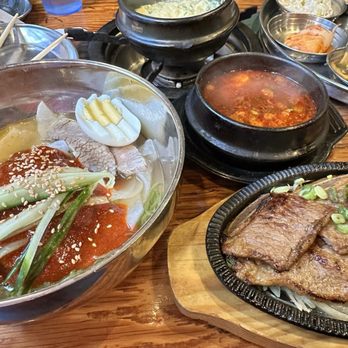 Jongro BBQ - Spicy Cold Noodle with Spicy Sauce and LA Galbi and Spicy Tofu Soup - Korean Near Me - New York, New York