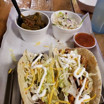 AJ's Tex-Mex & BBQ - Brisket taco & chicken fajita taco w green beans and coleslaw - Barbeque Near Me - Elsberry, Missouri