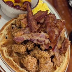 Loc's Chicken & Waffles - Southside - Waffle platter which consisted of bacon, waffle, chicken, egg and a food cup.