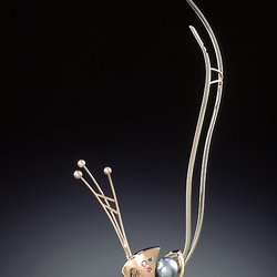 Design Works Custom Jewelry Studio - DW-Hat Pin / Lapel Pin: 14K Rose & White Gold with Tahitian Pearl, Pink Chinese River Pearls & Pink, Teal & White Diamonds