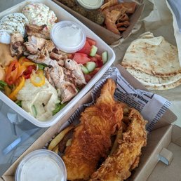 Fish and Chips, Chicken Feast, The Crunch, warm pita Fish and Chips, Chicken Feast, The Crunch, warm pita