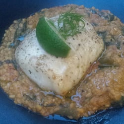 Du Marché - Fish on a bed of baby spinach and dahl