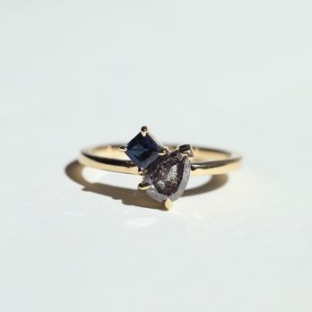 Macha Studio - Dual rings for engagement or wedding, Salt & pepper diamond with sapphire combined - Jewelry Near Me - Brooklyn, New York Macha Studio - Dual rings for engagement or wedding, Salt & pepper diamond with sapphire combined - Jewelry Near Me - Brooklyn, New York