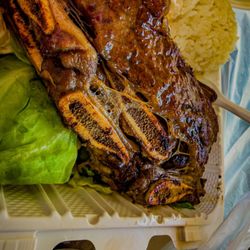 J&L Hawaiian BBQ - Kalbi Short Ribs, 2 scoop Mac, 1 scoop rice.