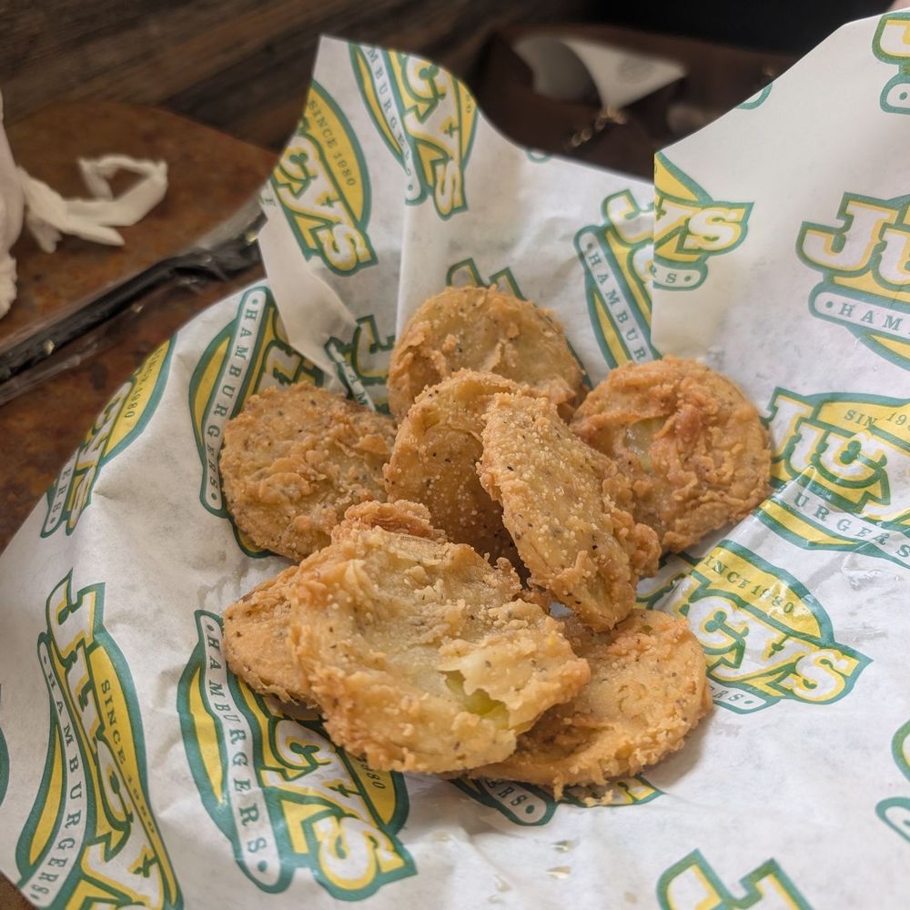 Jucy's Hamburgers - Fried green tomatoes. Good, but not too much flavor. - Burgers Near Me - Tyler, Texas Jucy's Hamburgers - Fried green tomatoes. Good, but not too much flavor. - Burgers Near Me - Tyler, Texas