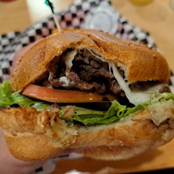 Squeeze Burger - Steak sandwich uses ribeye steak (rib eye or rib-eye). $2 cheese add-on. I got provolone, but you could pick a cheddar cheese skirt. - Burgers Near Me Squeeze Burger - Steak sandwich uses ribeye steak (rib eye or rib-eye). $2 cheese add-on. I got provolone, but you could pick a cheddar cheese skirt. - Burgers Near Me