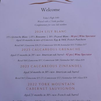 Calcareous Vineyard - Wine tasting menu - Wine Tasting Room Near Me - Paso Robles, California