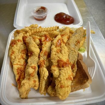 Columbia Street Seafood - Catfish platter, with hushpuppies, toast, and fries. Crystal hot sauce added by me! - Seafood Near Me - Covington, Louisiana Columbia Street Seafood - Catfish platter, with hushpuppies, toast, and fries. Crystal hot sauce added by me! - Seafood Near Me - Covington, Louisiana