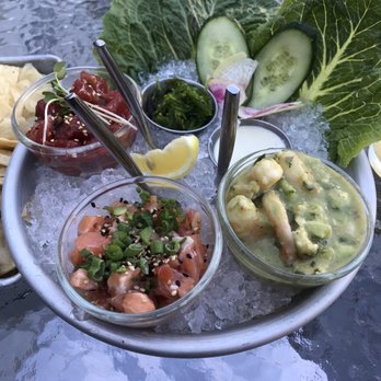 Pacific Catch - Poke/ Ceviche trio. Original Ahí, Lomi Lomi Salmon Ceviche and Baja Shrimp Ceviche with wonton strips and tortilla chips. - Seafood Near Me - Cupertino, California Pacific Catch - Poke/ Ceviche trio. Original Ahí, Lomi Lomi Salmon Ceviche and Baja Shrimp Ceviche with wonton strips and tortilla chips. - Seafood Near Me - Cupertino, California