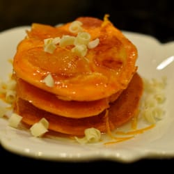 Babycakes - Peach Mimosa Pancakes - Orange Peach Champagne Pancakes with Peach Champagne Glaze, White Chocolate Curls and Orange Zest