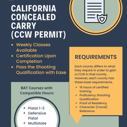 Bay Area Tactical - Are you thinking about getting a CCW?  Look no further!  

Weekly class offerings!  Integrative Courses to match your schedule.