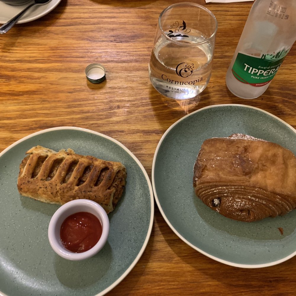 Vegan "sausage" roll with a vegan chocolate croissant