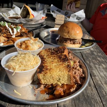 Edley's Bar-B-Que - Our lunch: pork platter, pork sandwich, kettle chip nachos - Barbeque Near Me - Chattanooga, Tennessee Edley's Bar-B-Que - Our lunch: pork platter, pork sandwich, kettle chip nachos - Barbeque Near Me - Chattanooga, Tennessee