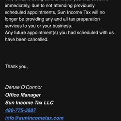 Sun Income Tax & Financial Services - Email from office manager