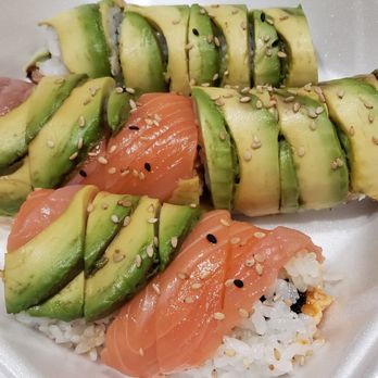 Sushi Shiro - Caterpillar Roll, Salmon Scallop Roll (top right, bottom left) - Sushi Bars Near Me - Upland, California Sushi Shiro - Caterpillar Roll, Salmon Scallop Roll (top right, bottom left) - Sushi Bars Near Me - Upland, California