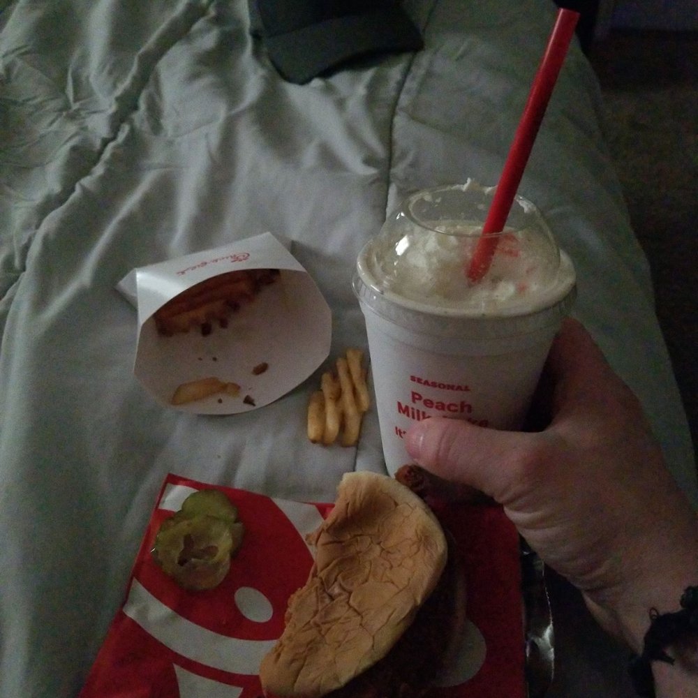 Chick-fil-A - This is a #2 meal spicy chicken with waffle fries and a small cookies and cream shake that's half eaten lol !! Yum Yum Good!! - Fast Food Near Me - Tulsa, Oklahoma Chick-fil-A - This is a #2 meal spicy chicken with waffle fries and a small cookies and cream shake that's half eaten lol !! Yum Yum Good!! - Fast Food Near Me - Tulsa, Oklahoma